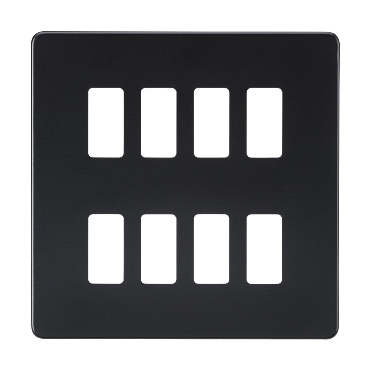 The Screwless 8 Gang Grid Faceplate in Matt Black is constructed from premium-grade steel, featuring eight rectangular cutouts arranged in two rows of four. Its sleek design and elegant matt black finish give it a stylish and modern grid-like appearance.