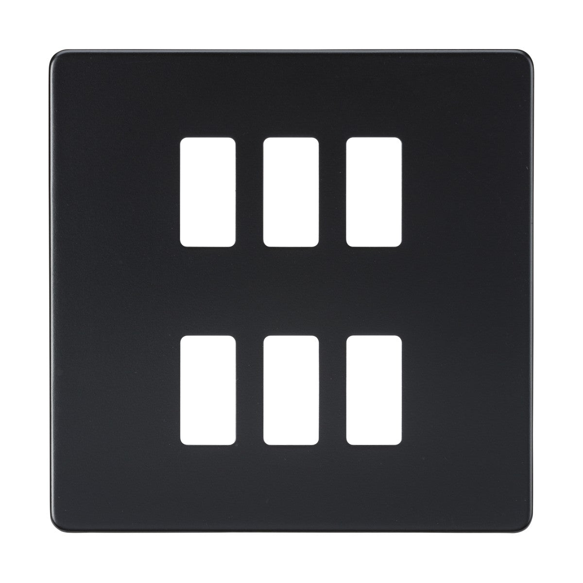 The Screwless 6 Gang Grid Faceplate in Matt Black showcases a stylish design, made from high-quality steel with six rectangular cutouts arranged in two columns of three.