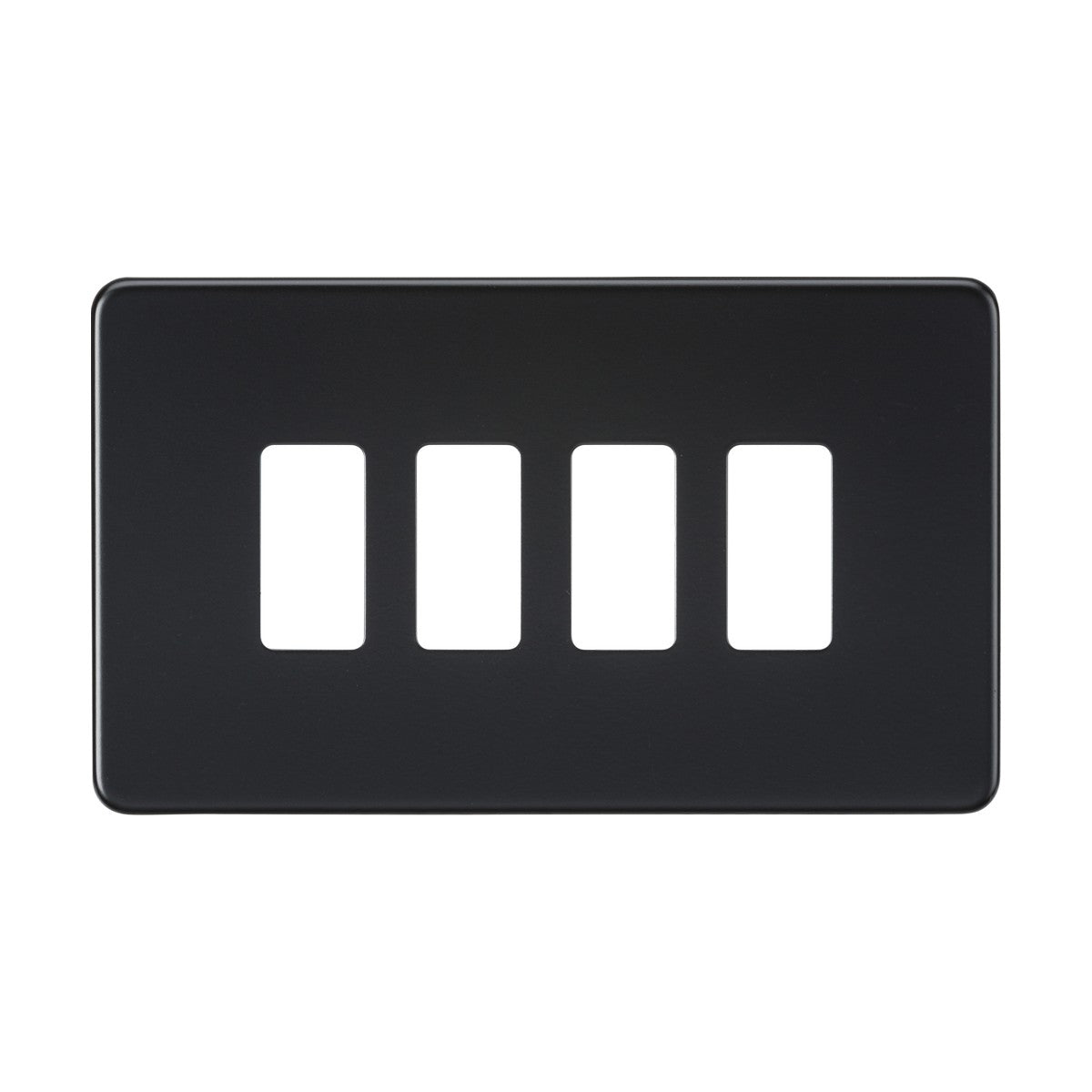 Introducing the Screwless 4 Gang Grid Faceplate in Matt Black, crafted from premium grade steel. This faceplate features a smooth finish with four rectangular slots, providing a minimalist and modern design that is perfect for covering light switch or outlet spaces.