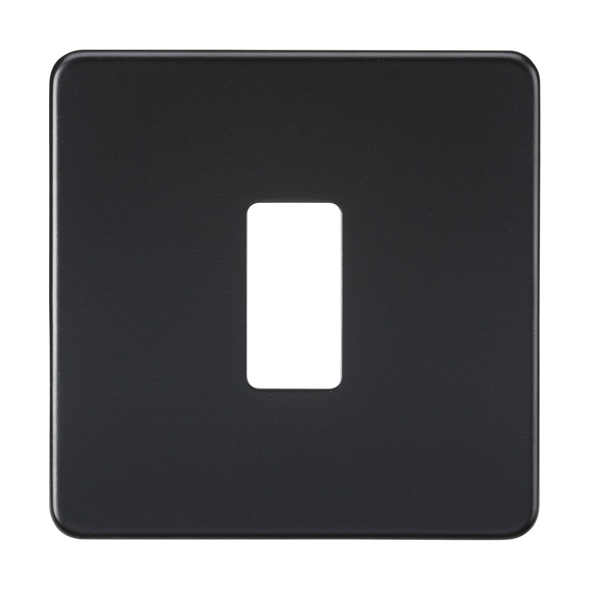 The product, a Screwless 1 Gang Grid Faceplate in Matt Black, is a chic rectangular light switch cover with rounded corners and a central cutout for the switch lever. It's crafted from premium-grade steel and is shown against a white background.