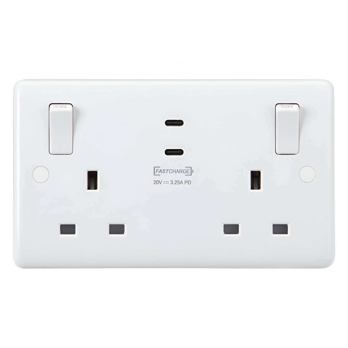 13A 2 Gang SP Switched Socket With Dual USB (Max 65W) - White