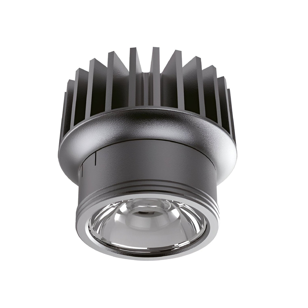 Close-up of the Lumos Outdoor LED Recessed Downlight in black, featuring an IP54 rating, a ribbed heat sink on top, and a clear lens on the bottom. The fixture boasts a modern and industrial design and emits a crisp 4000K white light, standing out against the white background.