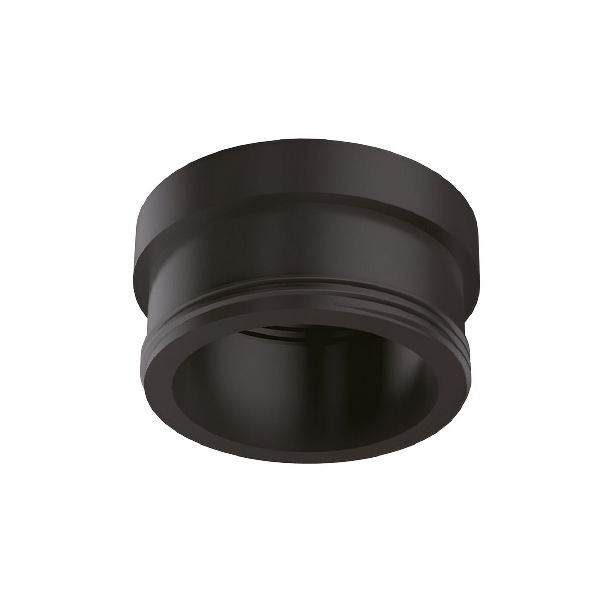 The Lumos LED Bulb GU10 Adapter - Black is a black, cylindrical metal or plastic connector with a threaded interior, ideal for joining or securing components in mechanical or plumbing applications. It boasts grooves and ridges that enhance fitting and stability, ensuring compatibility with LED bulbs while maintaining a sleek black finish.