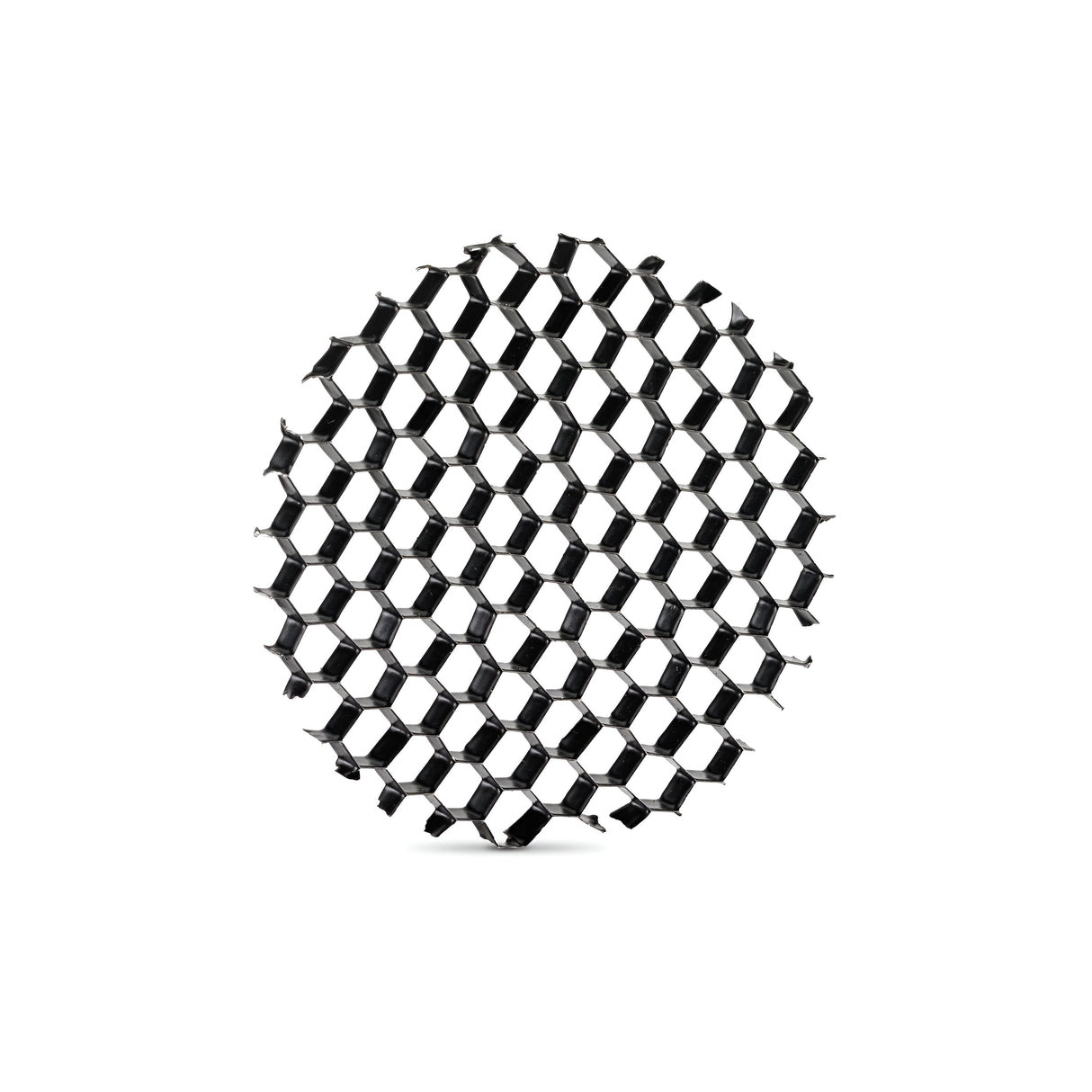 The Lumos Downlight Honeycomb Filter 50mm in Black showcases a circular black honeycomb grid pattern on a white background, forming a geometric and symmetrical design. This not only enhances the visual appeal but also assists in glare reduction through its tightly arranged uniform hexagonal cells.