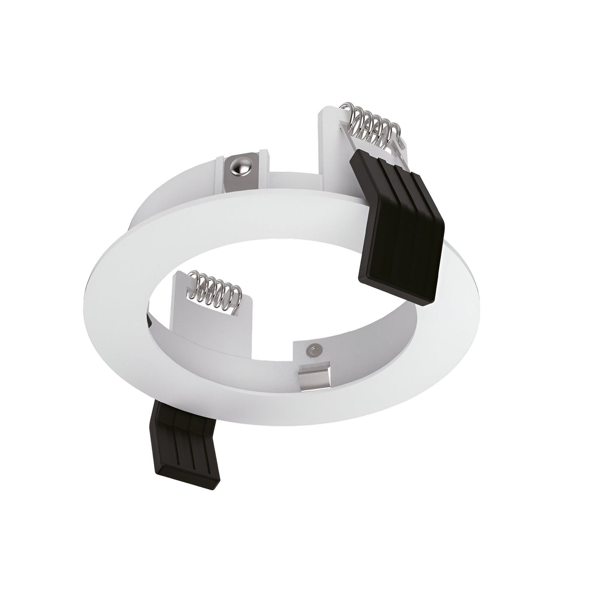 Introducing the Lumos Downlight Round Frame - White, a well-designed white circular ceiling mount bracket featuring black clips and metal springs, perfect for downlight installations, displayed against a pristine white background.