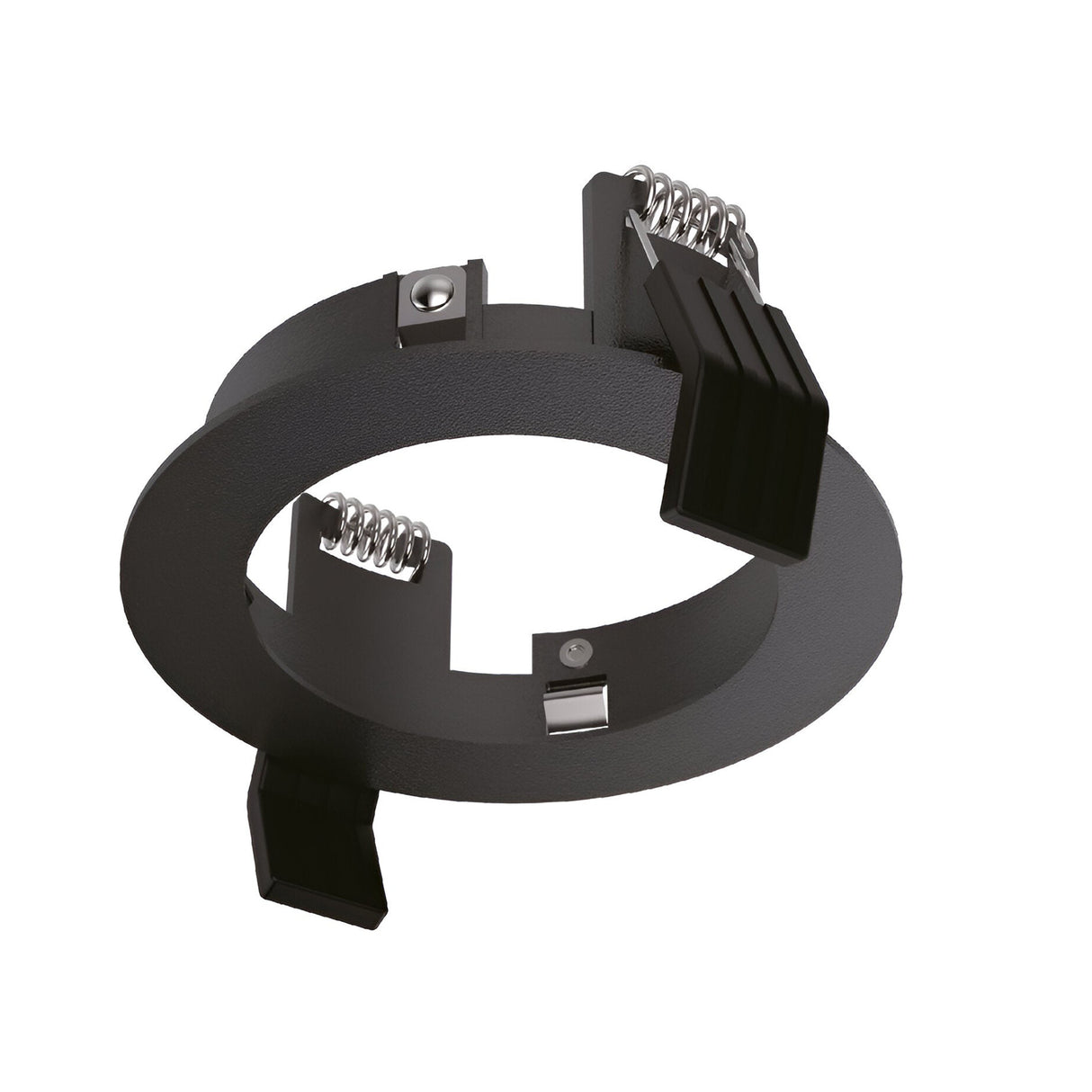 Image of the Lumos Downlight Round Frame - Black, featuring a circular, metal spring clip with three spring-loaded tabs evenly spaced around the outer edge. The tabs have flat ends, ideal for securing Lumos Downlight installations or mounting modular recessed fixtures with precision.