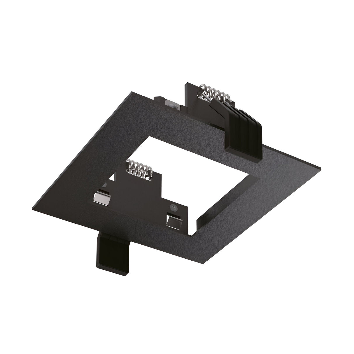 The Lumos Downlight Square Frame - Black is a versatile recessed light fixture with a square design and an open center. It is equipped with metallic springs and clips on the sides for easy installation against a white background, ideal for those in search of modular lighting solutions.