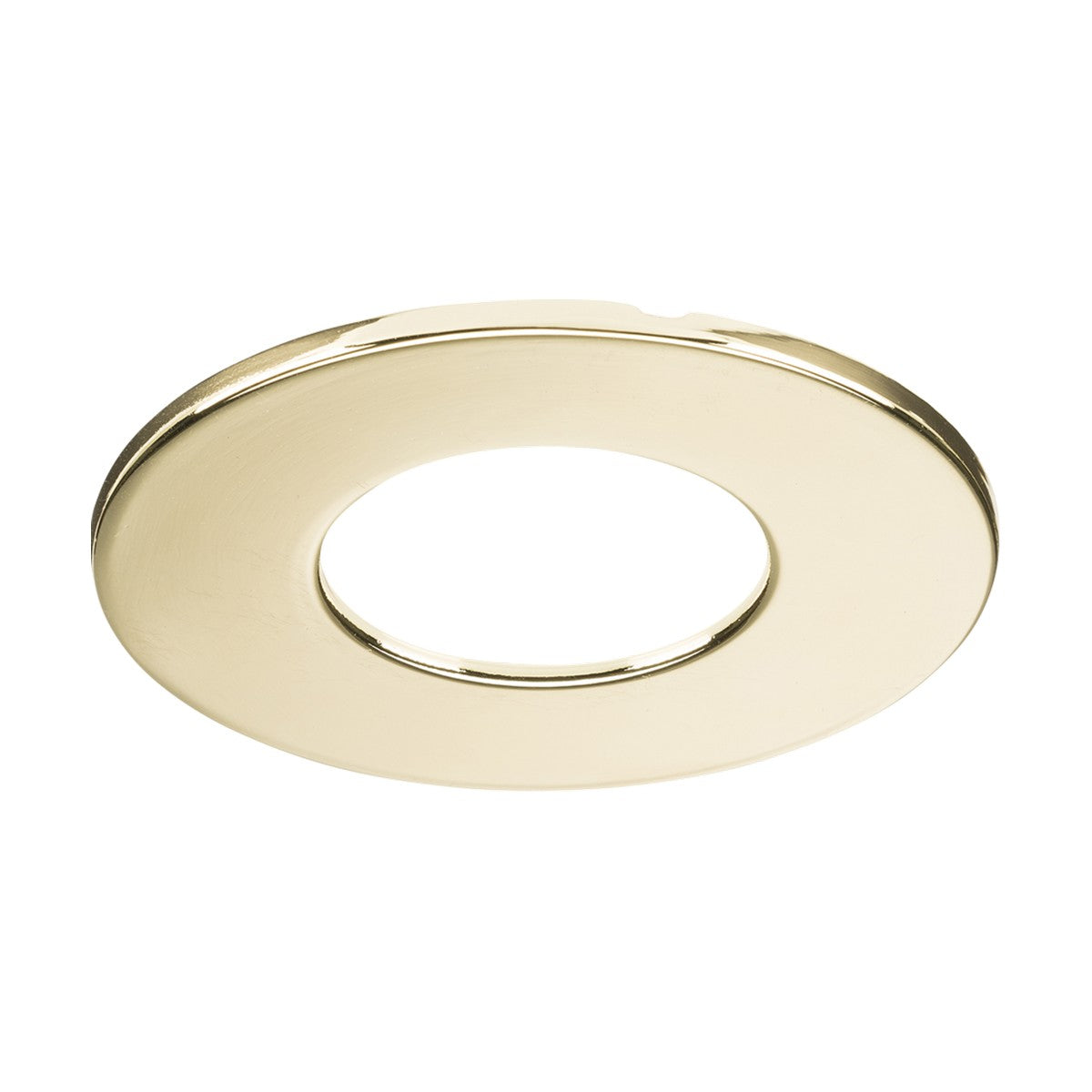 The product, Bezel For CFR Downlight - Brass, is a sleek and circular brass escutcheon featuring a central hole and designed for both decorative and protective purposes. It is showcased against a plain white background, perfectly complementing downlights while meeting IP65 standards for durability and protection.