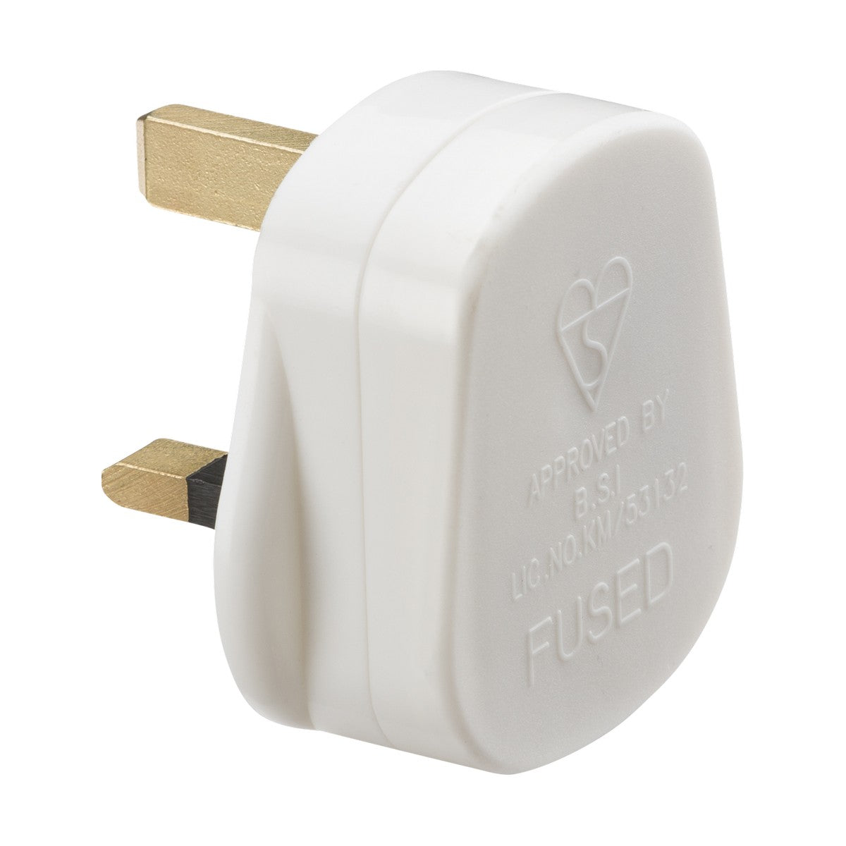 A white 13A plug top with a 3A fuse, featuring a screw cord grip and BSI Kitemark approval, includes two horizontal metal pins and one longer vertical pin, conforming to the BS 1363-2 standard.