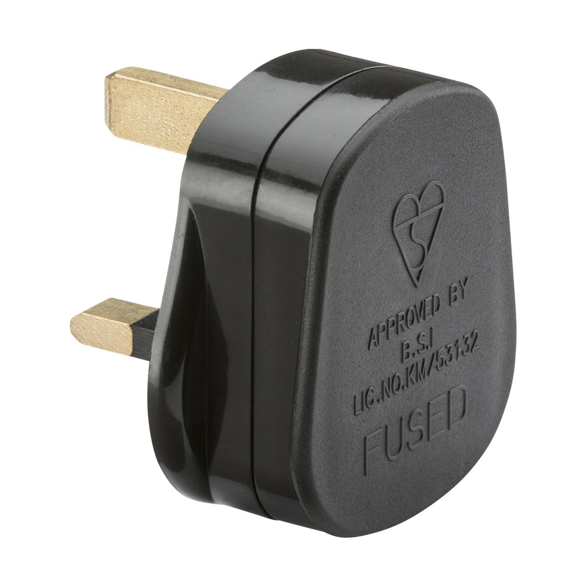 Close-up of the 13A Plug Top With 13A Fuse - Black (Screw Cord Grip), showcasing a black UK three-pin design with gold-colored prongs and an embossed heart symbol. This plug is BSI Kitemarked approved and contains a 13A fuse, guaranteeing safety and compliance.