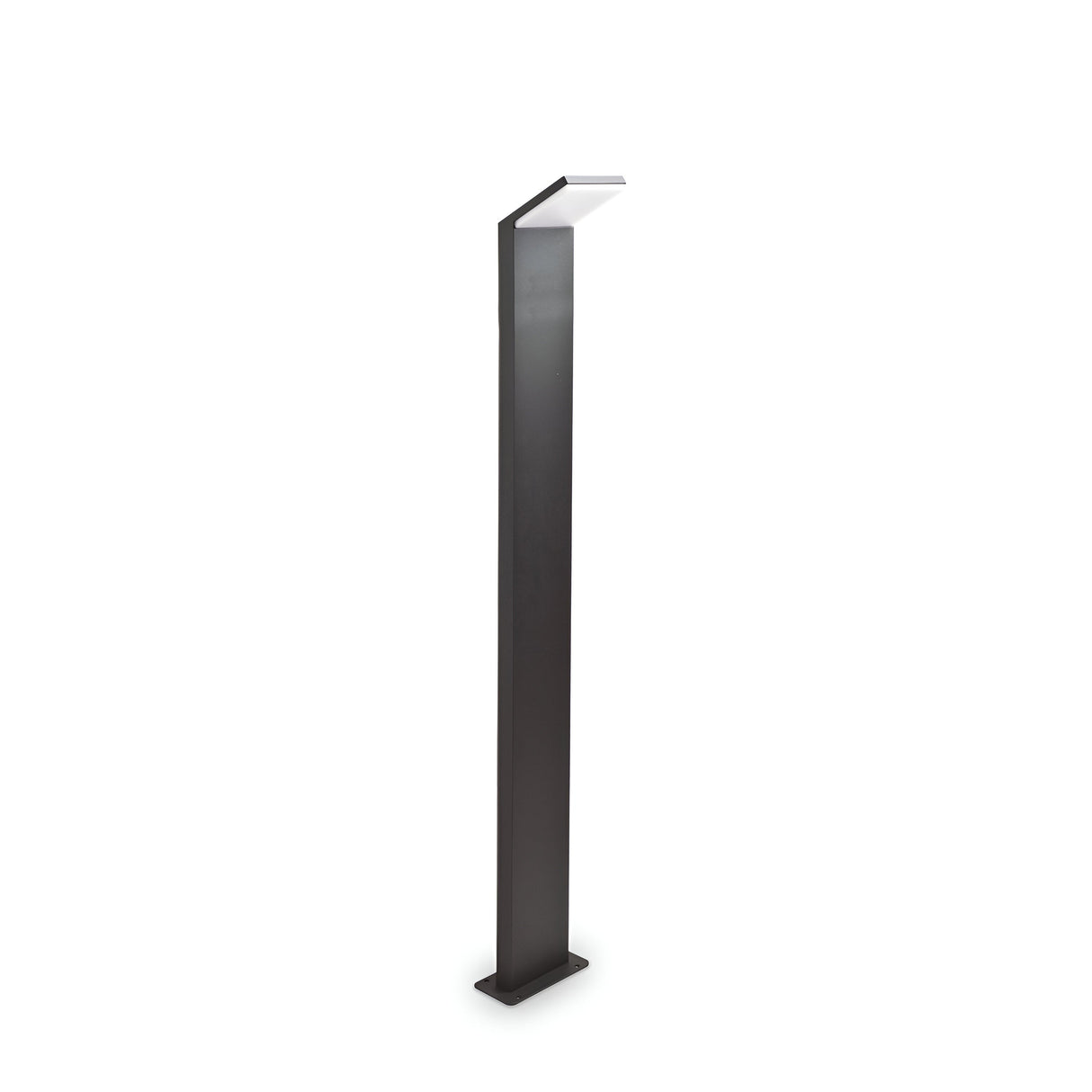 The Brillix Outdoor LED Bollard Light, in a sleek anthracite finish, boasts a minimalist and modern design that reflects the elegance of an indoor black floor lamp. It features a tall rectangular structure and a flat, angled white light source at the top, providing an energy-efficient glow against a plain white background.