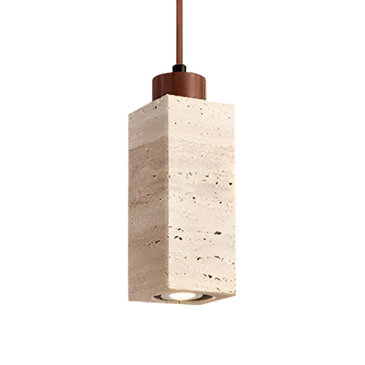 The Zerano 1 Light Rectangular Travertine Single Pendant Light features a light beige travertine stone shade and a walnut brown metal fixture suspended on a matching cord, shown against a white background.