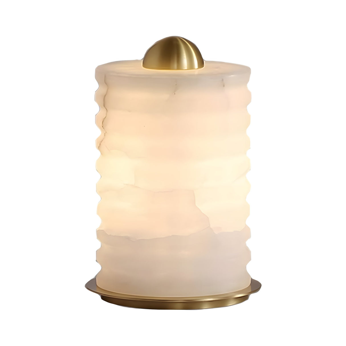 The Aurelior LED Large Ribbed Alabaster Table Lamp – Soft White features a modern design with a cylindrical, frosted white ribbed glass shade and gold accents on the top and base.