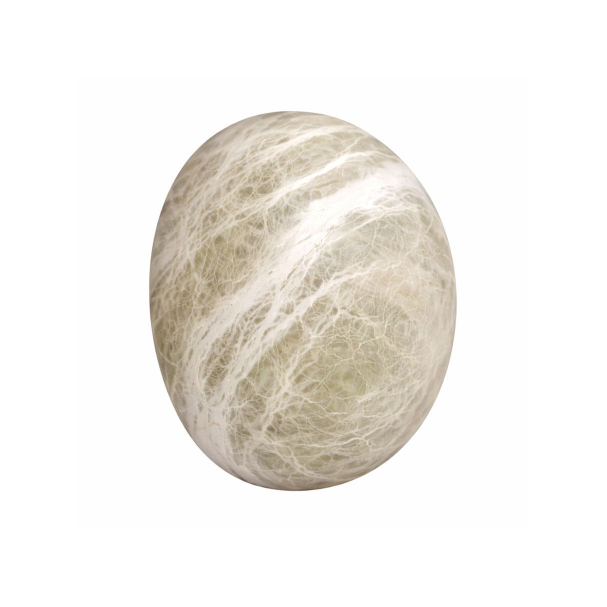 The Orvani LED Small Oval Alabaster Wall Light - Soft White features a smooth, oval design crafted from natural Spanish alabaster with a pale green tint and white web-like streaks, shown against a plain white background.
