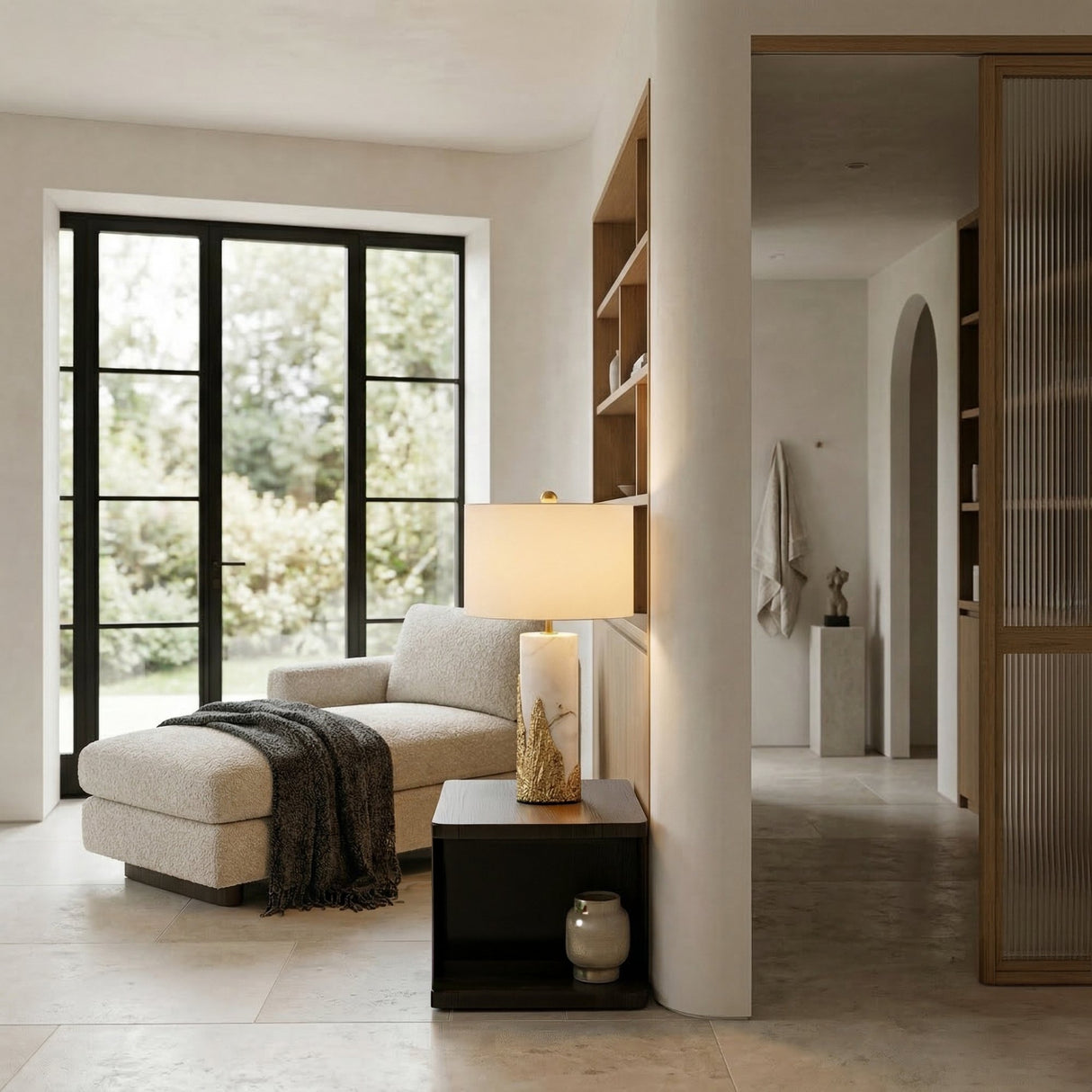A modern living room features a light beige chaise lounge, cozy throw, black-framed glass door, built-ins, and the Arvello 1 Light Fluted Base Marble Table Lamp in soft white and brass on the side table as natural light fills the space.