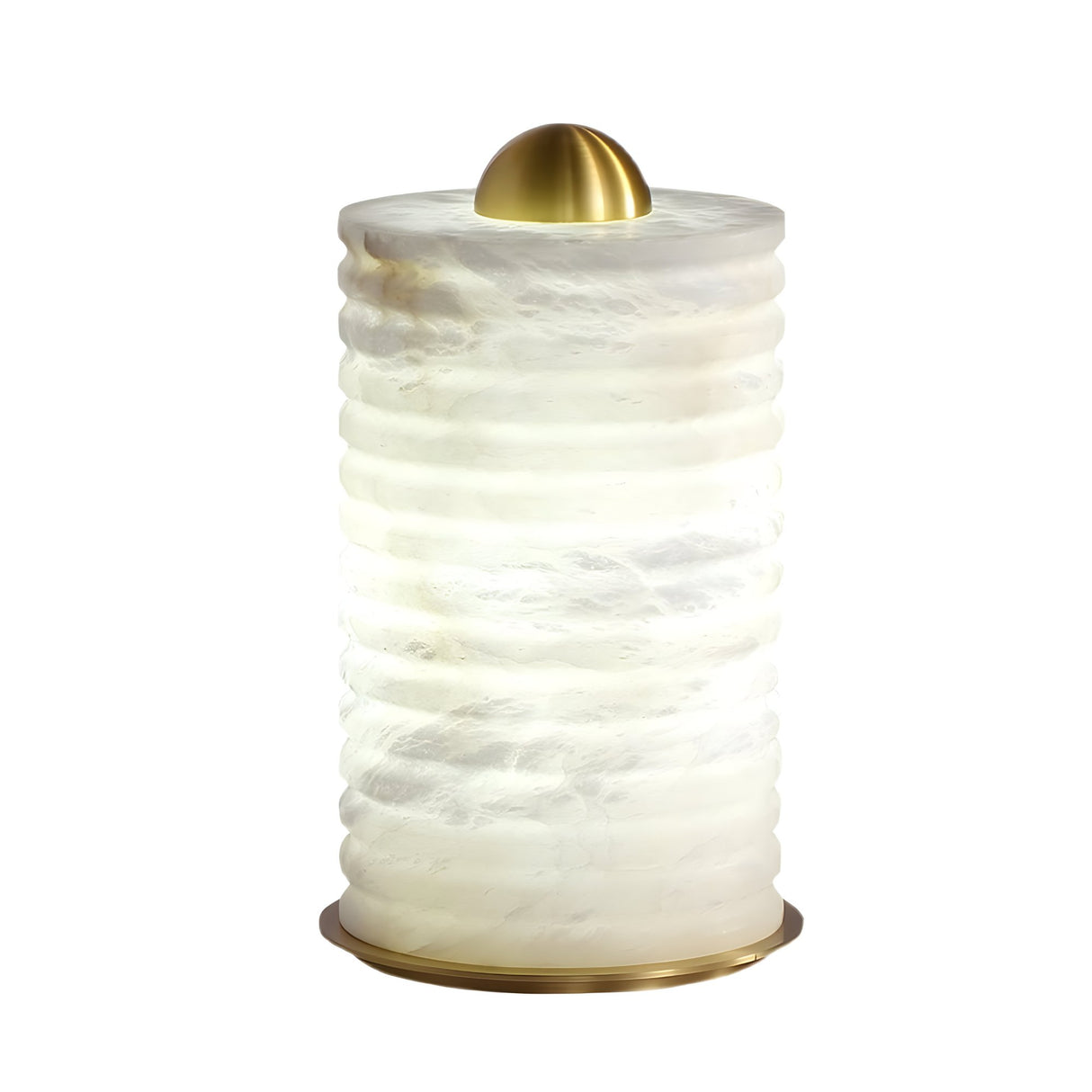 The Aurelior LED Large Ribbed Alabaster Table Lamp – Soft White features a cylindrical, textured white ribbed design with horizontal ridges, topped with a smooth dome-shaped gold cap and matching base. It emits a soft, diffused LED light.