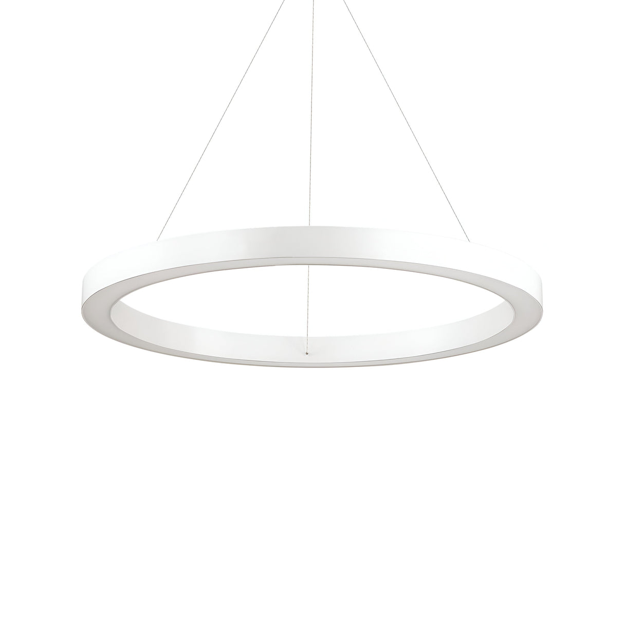 The Arcena Round LED Suspension Light, with a minimalist circular design in sleek white, is dimmable and suspended by thin wires against a plain white background, featuring energy-saving technology at 3000K.