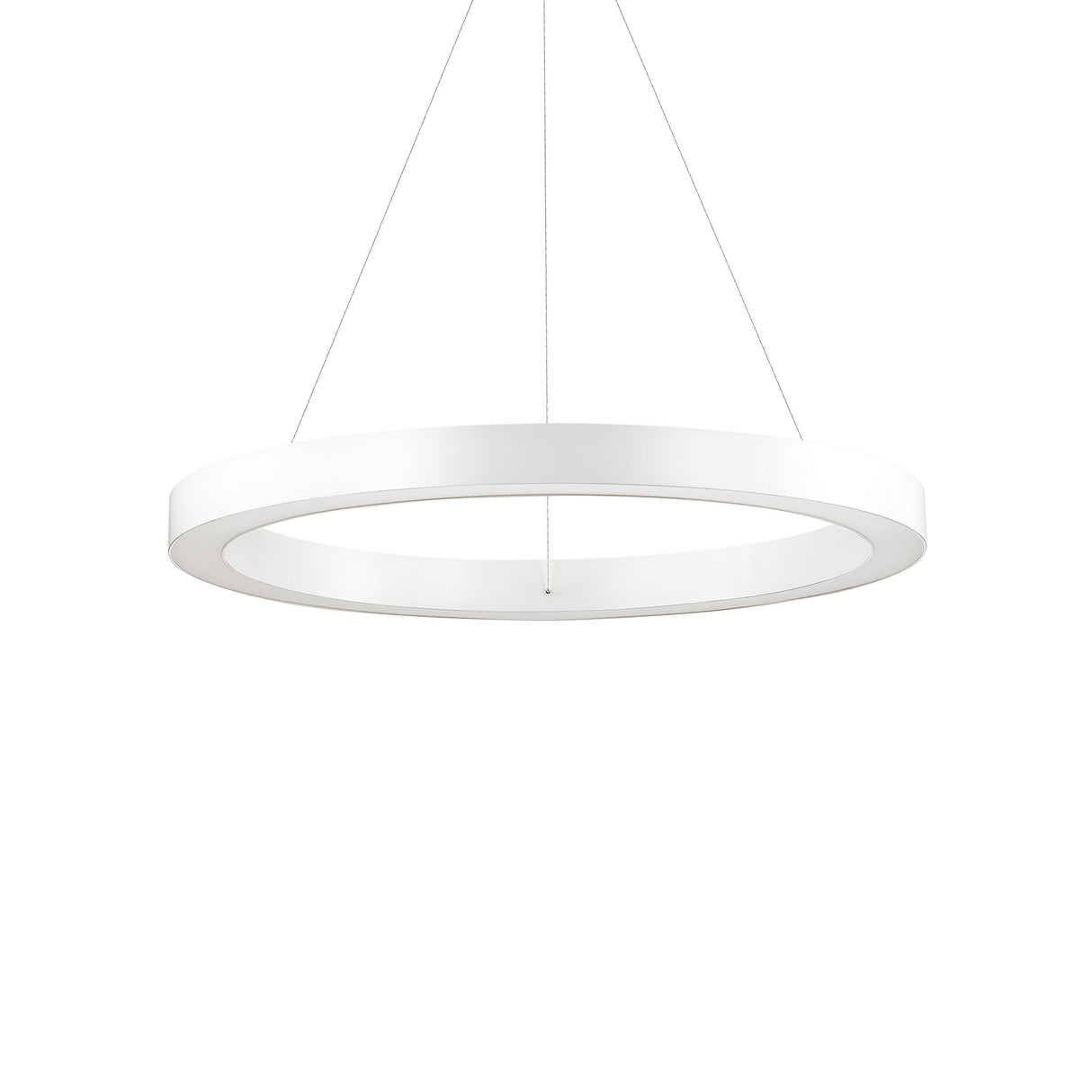 The Arcena Round LED Suspension Light features a modern, minimalist design with its 60cm circular form and sleek white finish, hanging elegantly from the ceiling by slender cords. This dimmable light emits a soft, diffused glow at 3000K, enhancing any space with a contemporary and elegant ambiance. Its energy-efficient design stands out beautifully against a plain white background.