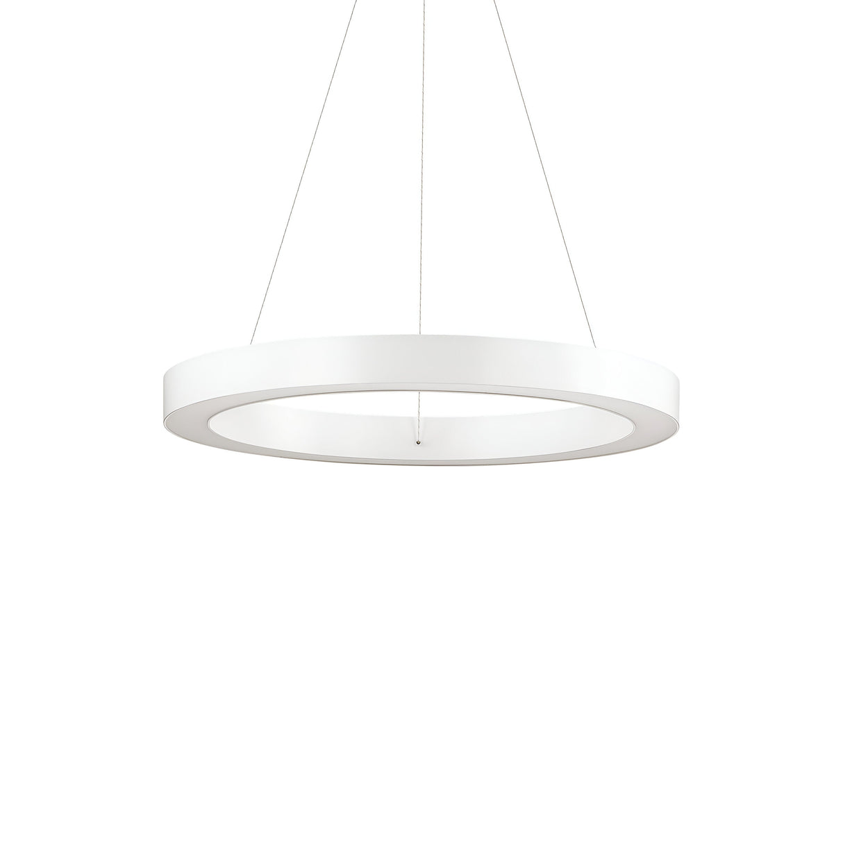 The Arcena Round LED Suspension Light 3000K 50cm - White is a contemporary fixture that hangs from the ceiling with thin wires. Its modern design features a minimalist, wide white ring that emits a soft glow. Set against a plain white background, this light accentuates its clean aesthetic and offers convenient dimmable LED functionality.