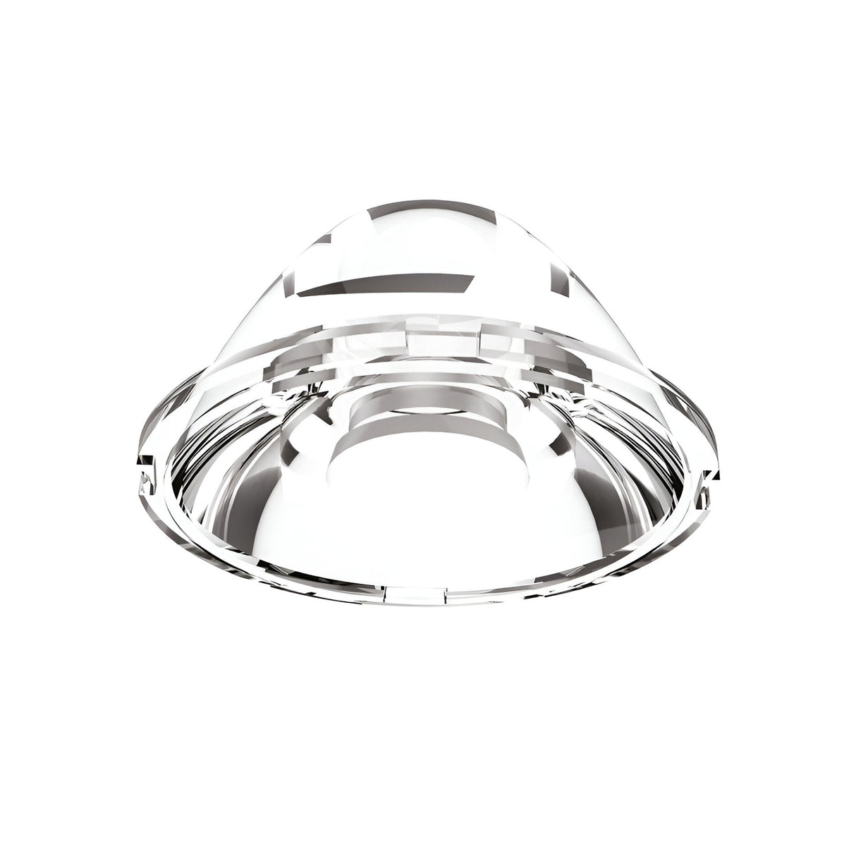 Set against a plain white backdrop, the Lumos Downlight Lens - 20°, 45mm, with its transparent glass hemisphere design, displays a smooth and reflective surface. This sophisticated piece beautifully captures light and suggests an accent lighting effect with its gentle reflections.