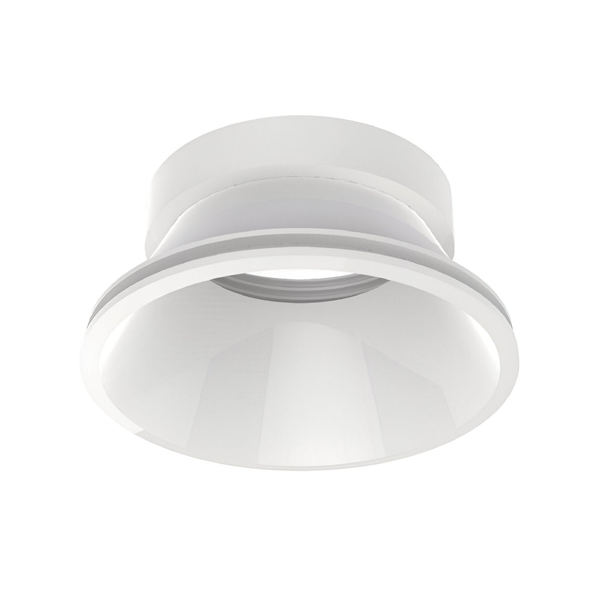 Introducing the Lumos Reflector Round Fixed Frame 73mm in White, a sleek and modern ceiling light fixture that embodies minimalist design. Perfect for recessed lighting, it boasts a smooth, curved surface and a reflective interior encompassed within its 73mm diameter, set against an elegant white background.