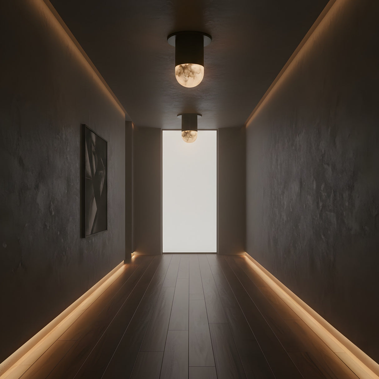 A minimalistic hallway with dark walls, wooden floor, soft baseboard strip lighting, a large frosted window at the end, an abstract painting on the left wall, and two Elara LED Mini Drop Alabaster Semi-Flush Ceiling Lights in Soft White & Matte Black.