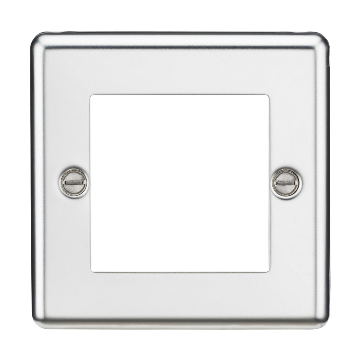 This 2 Gang Modular Faceplate is designed with rounded edges and crafted from premium grade steel, featuring a polished chrome finish. It comes with two screws and an empty center cutout for convenient switch or outlet installation, meeting IP20 standards for quality and safety.