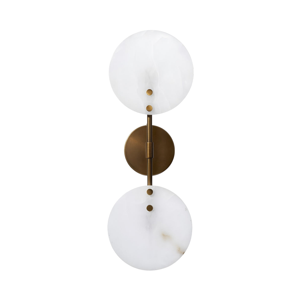 The Althia LED Alabaster Wall Light – Brushed Brass & Soft White features two stacked round alabaster shades on a vertical brushed brass rod with a circular mount, offering an elegant touch to any decorative lighting scheme.