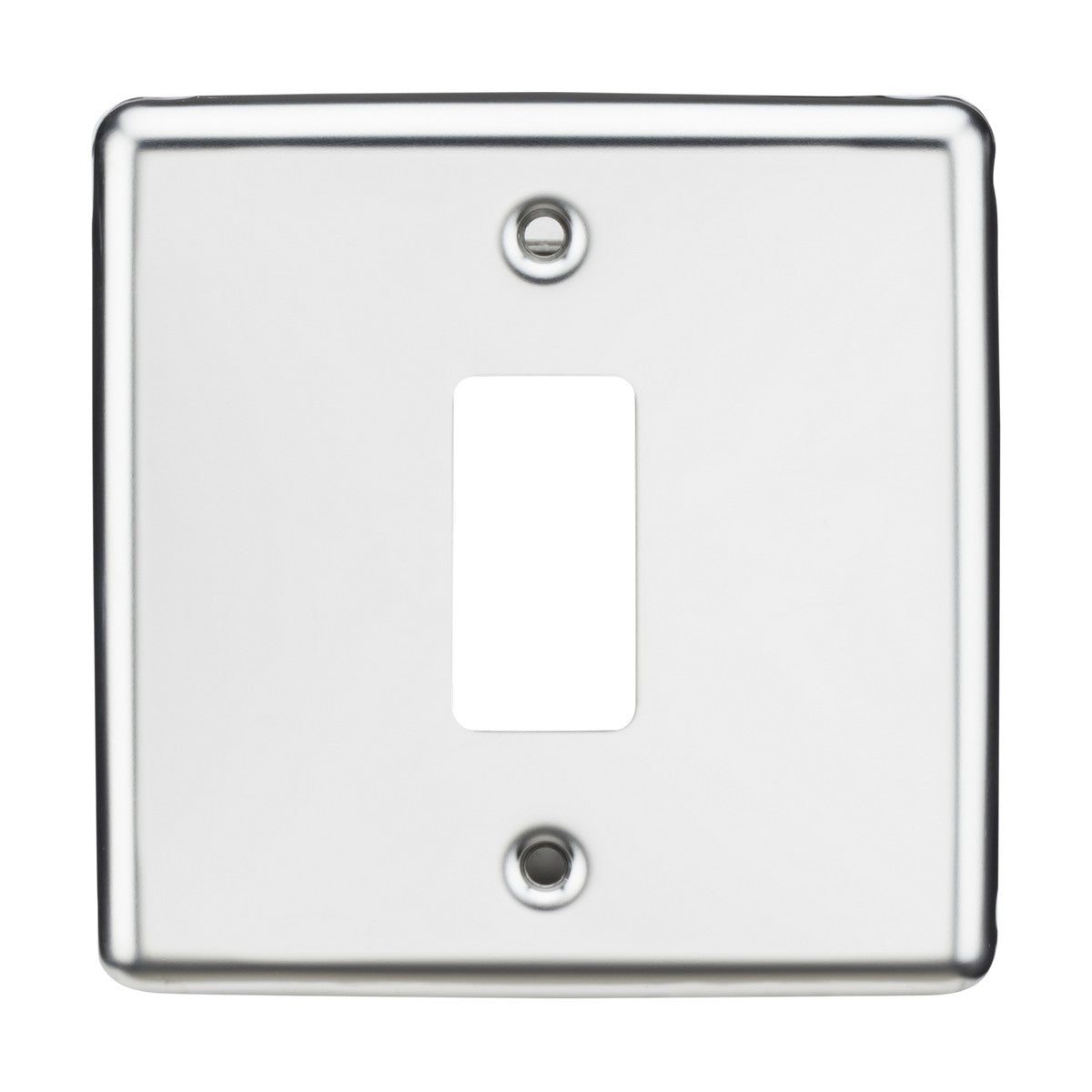 A 1 Gang Grid Faceplate - Rounded Edge Polished Chrome, designed for compatibility with the Knightsbridge Grid System, includes a rectangular cutout in the center and two screw holes, located at the top and bottom.