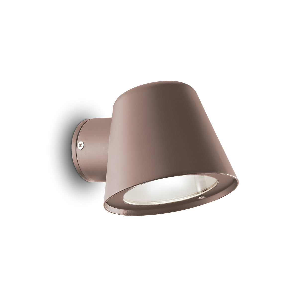 Introducing the Quasar Outdoor Wall Light - Brown: This contemporary outdoor light boasts a robust design with a conical shape and a matte brown finish. The transparent bottom cover adds a rustic charm, while its attachment to a circular base plate enhances its elegance.