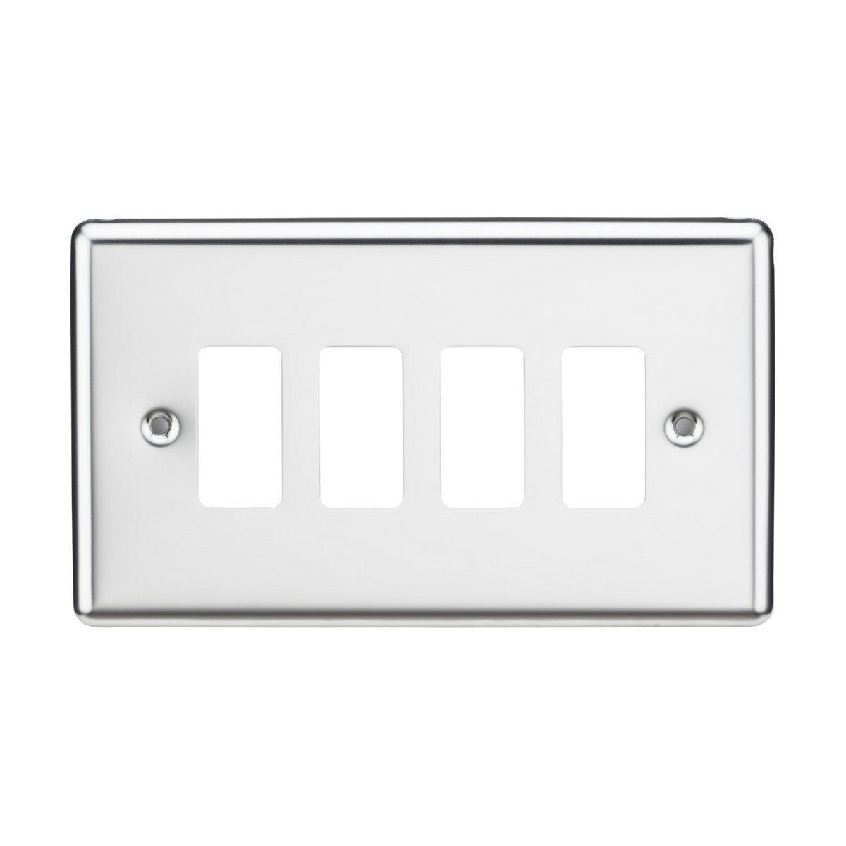 The 4 Gang Grid Faceplate - Rounded Edge Polished Chrome, designed with rectangular cutouts for toggle switches and two screw holes for mounting, seamlessly integrates into the Knightsbridge Grid System.