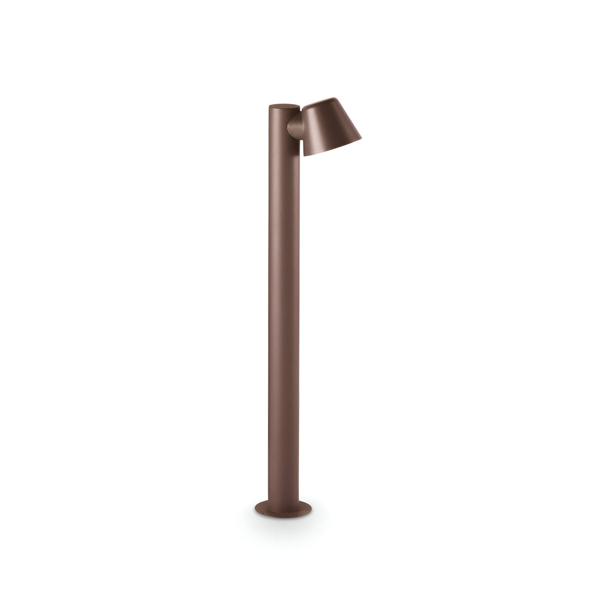 The Quasar Outdoor Bollard Light - Brown boasts a sleek, modern design with a tall, cylindrical brown base and an adjustable cone-shaped lampshade at the top. It provides durable outdoor lighting with minimalistic styling that offers both contemporary ambiance and elegance.