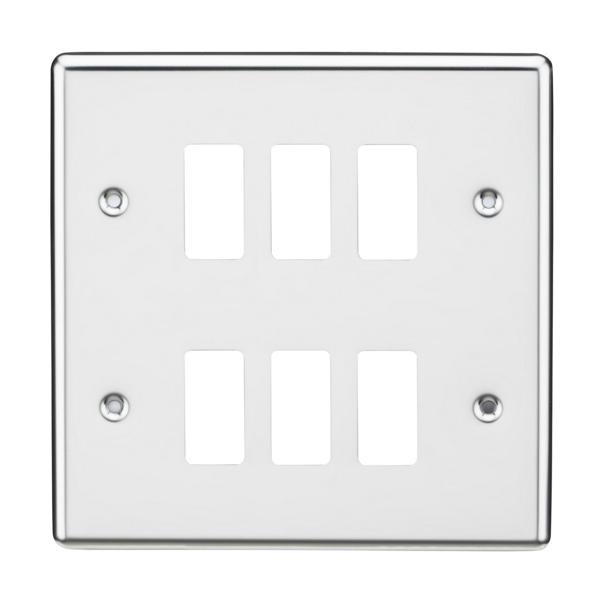 The 6 Gang Grid Faceplate - Rounded Edge Polished Chrome is a stylish wall plate with six rectangular slots for modular switches or outlets. It features four screw holes for easy mounting and is designed to be compatible with the Knightsbridge Grid System, bringing an elegant touch to any room.