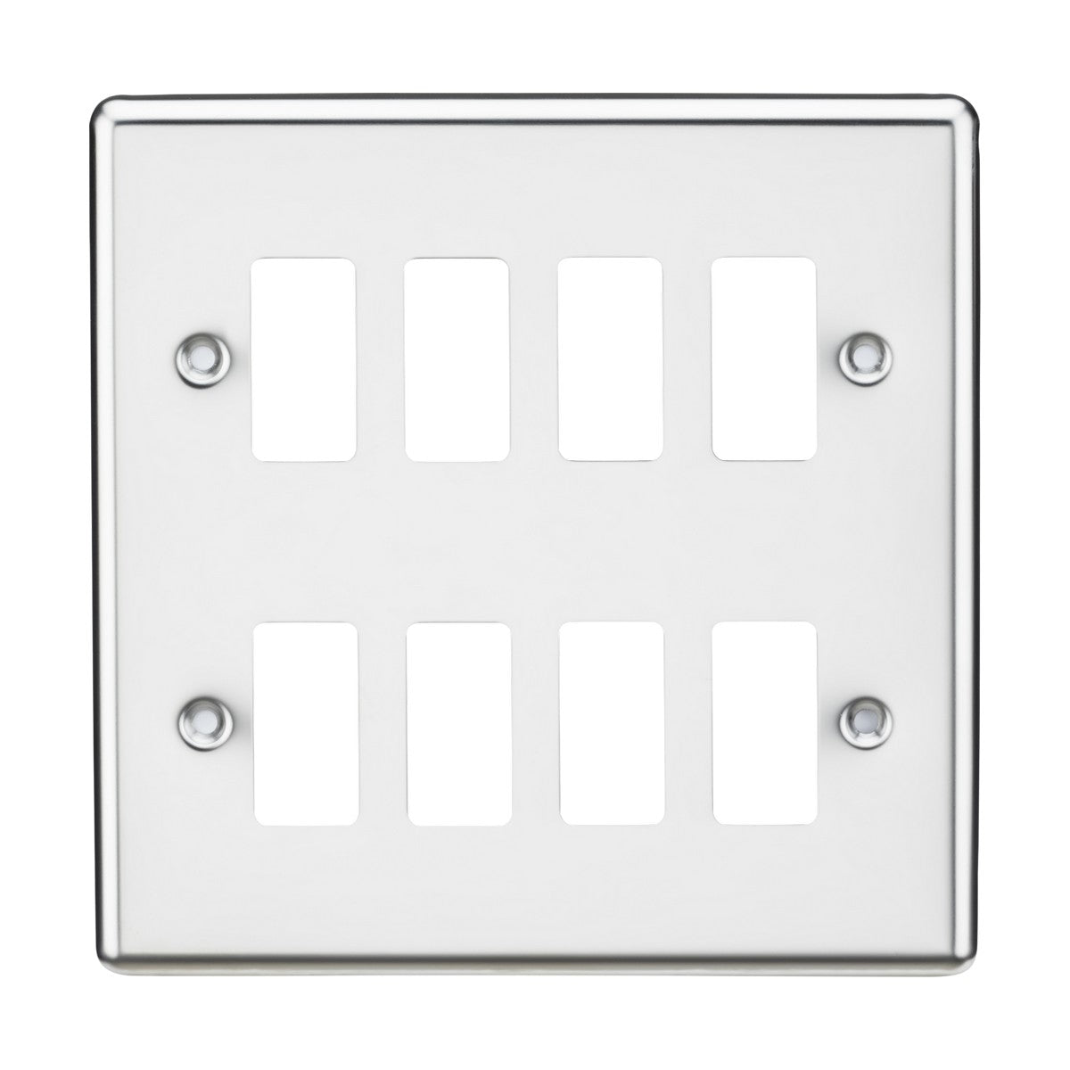 The 8 Gang Grid Faceplate, featuring a polished chrome finish and rounded edges, includes rectangular cutouts for switches. It has four visible screw holes, one in each corner. This simple and modern design is compatible with the Knightsbridge Grid System.