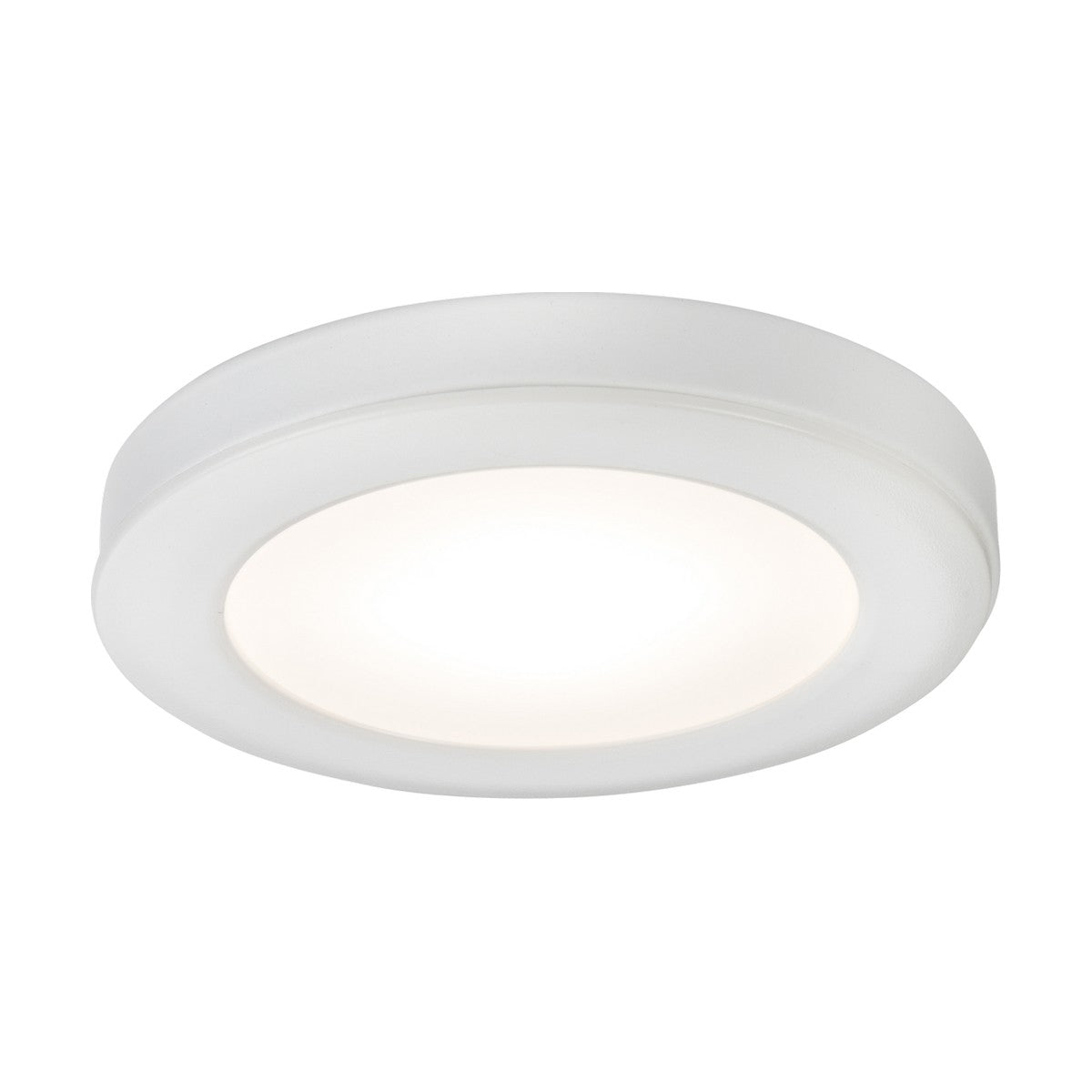 A sleek and minimalist 2.5W LED Dimmable Under Cabinet Light, featuring a white frame and emitting a warm white light at 3000K, seamlessly blending into various interior spaces.