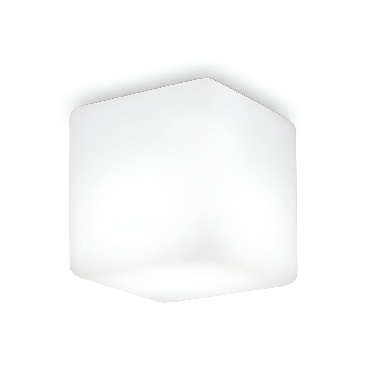 The Spectra Outdoor Ceiling Light - White, 20cm features a cube-shaped design with an opal diffuser that emits a soft glow. It mounts flush against a plain white background, showcasing its smooth and durable surface, making it perfect for enhancing both indoor elegance and outdoor lighting needs.