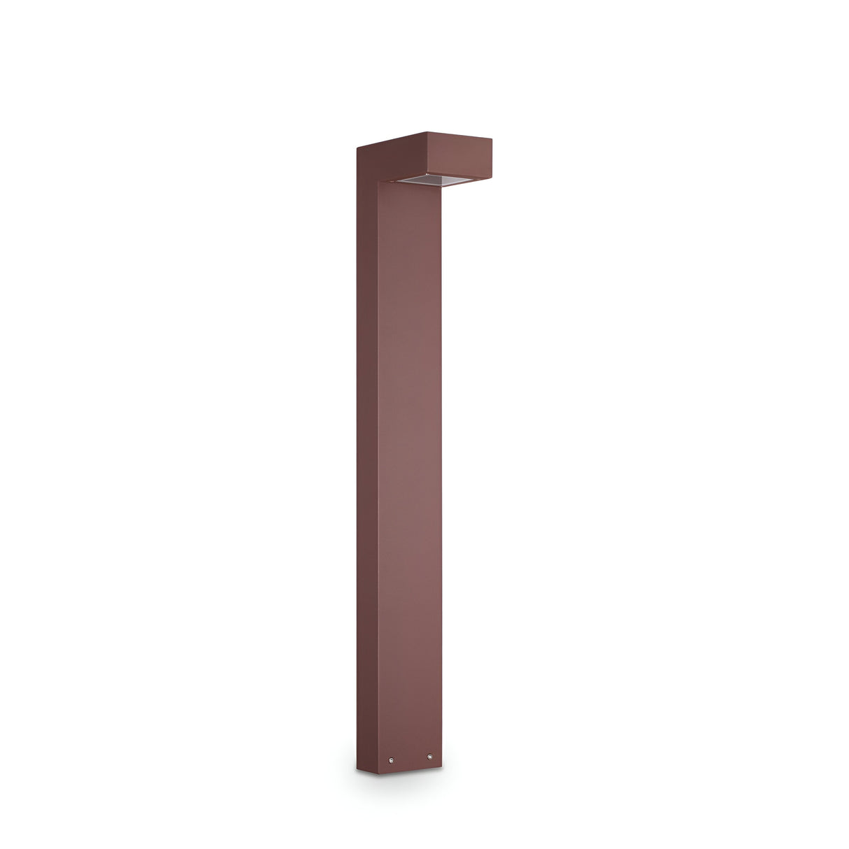 Against a plain white background stands the Luma Outdoor Bollard Light - Brown, 80cm, showcasing its tall and sleek form crafted from powder-coated metal. Its minimalist rectangular design includes a right angle at the top where it emits light downwards, adding to its geometric appeal.