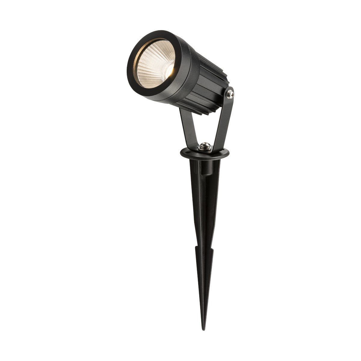 The IP65 4W LED Wall/Spike Light 3000K is a black outdoor spotlight featuring a ribbed cylindrical head and an adjustable joint, mounted on a pointed stake for easy ground installation.