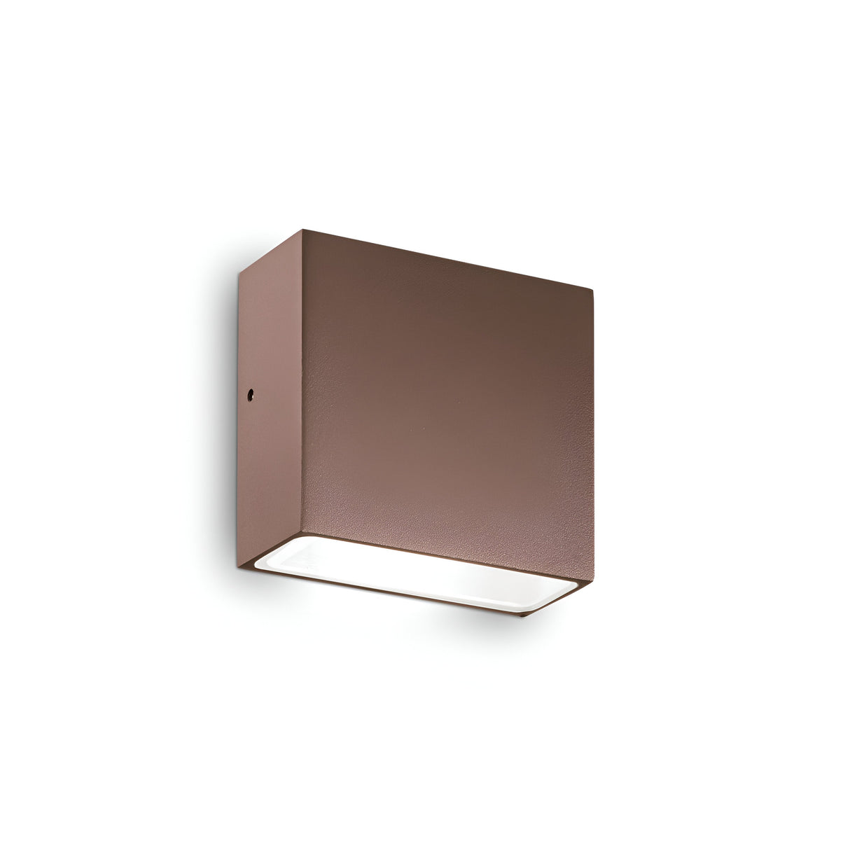 A Sparka-1 Outdoor Wall Light in brown with a minimalist design is mounted on a white wall. The fixture, featuring an IP44 rating, directs light downward and showcases its sleek and modern appearance.