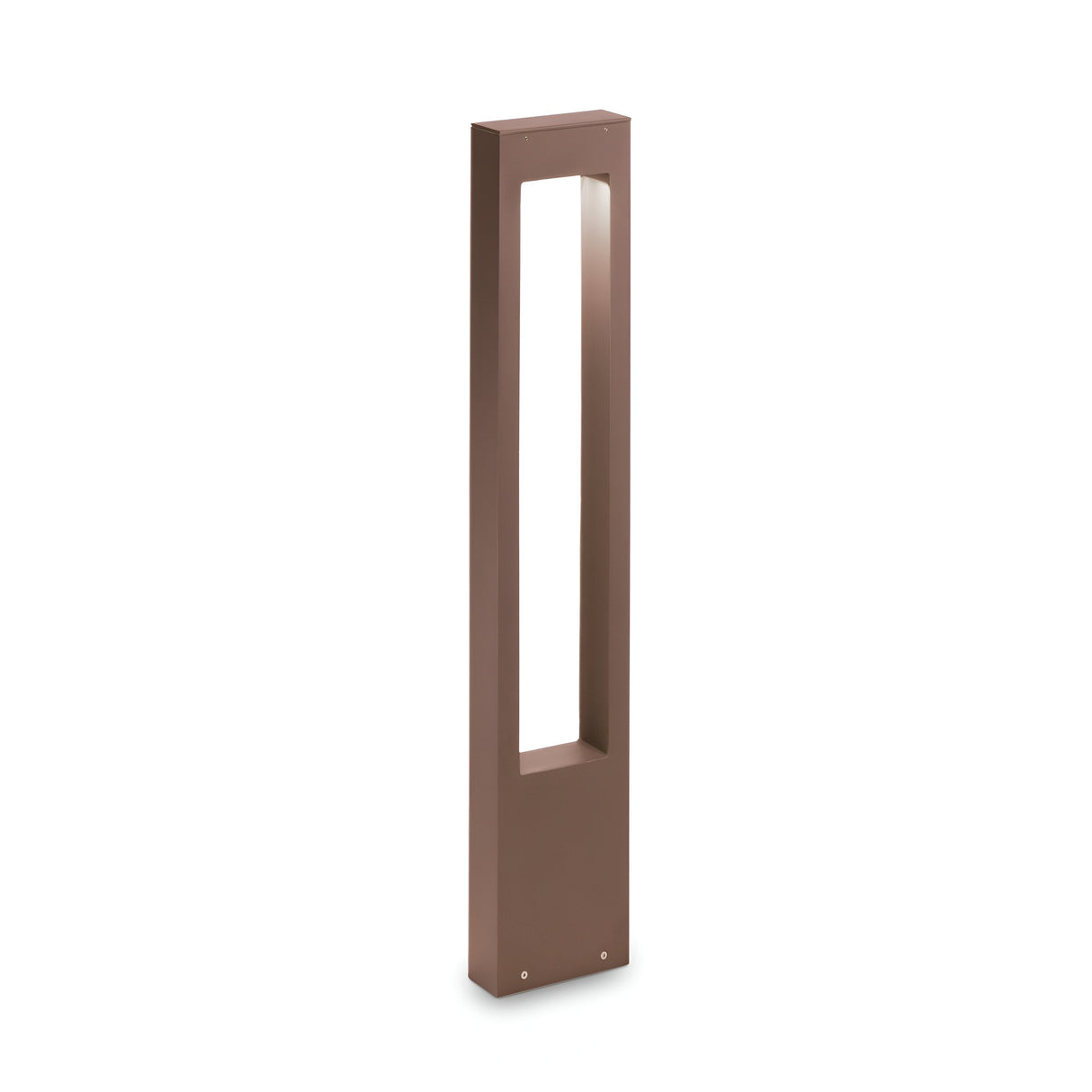 The Phasia Outdoor Pedestal Light - Brown is a tall, rectangular fixture with a brown metallic finish and an IP44 rating. Crafted from aluminium, it showcases a hollow center that enables light to pass through seamlessly while retaining a sleek, modern aesthetic.