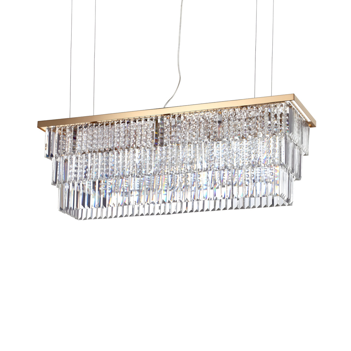 The Fluxon 8 Light Crystal Suspension - Gold/Chrome is a rectangular chandelier with dual-tone finishes, featuring a gold frame adorned with cascading layers of clear, faceted crystals. It is elegantly suspended by wires against a white backdrop, highlighting its sophisticated design.