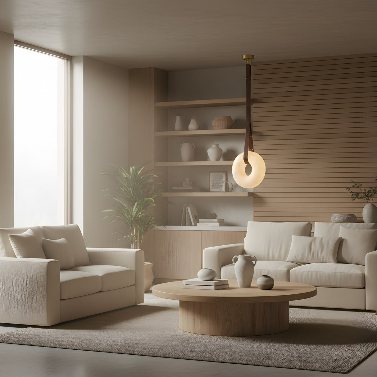 A modern living room with beige walls, cream sofas, a round wooden coffee table, vases, a potted plant, and the Cintura LED Small Alabaster Single Pendant Light in soft white & brown elegantly illuminating the space.