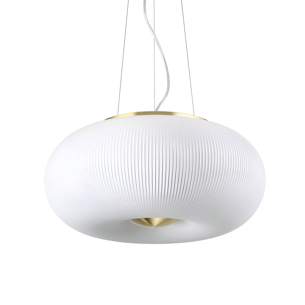 The Solitha 3 Light Pendant - White is a stylish and modern, round pendant lamp. It showcases vertical ridges and is suspended by thin wires, with satin brass accents at the top and bottom that enhance its elegant contemporary design. The addition of a white glass diffuser contributes to its sophisticated charm.