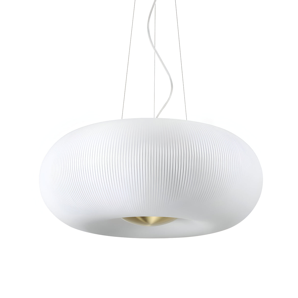 The Solitha 5 Light Pendant - White is a modern and elegant lighting fixture featuring a ribbed texture with a round, hollow design. It gracefully hangs by two slim cables and includes a metallic satin brass interior accent, bringing sophistication to any space.