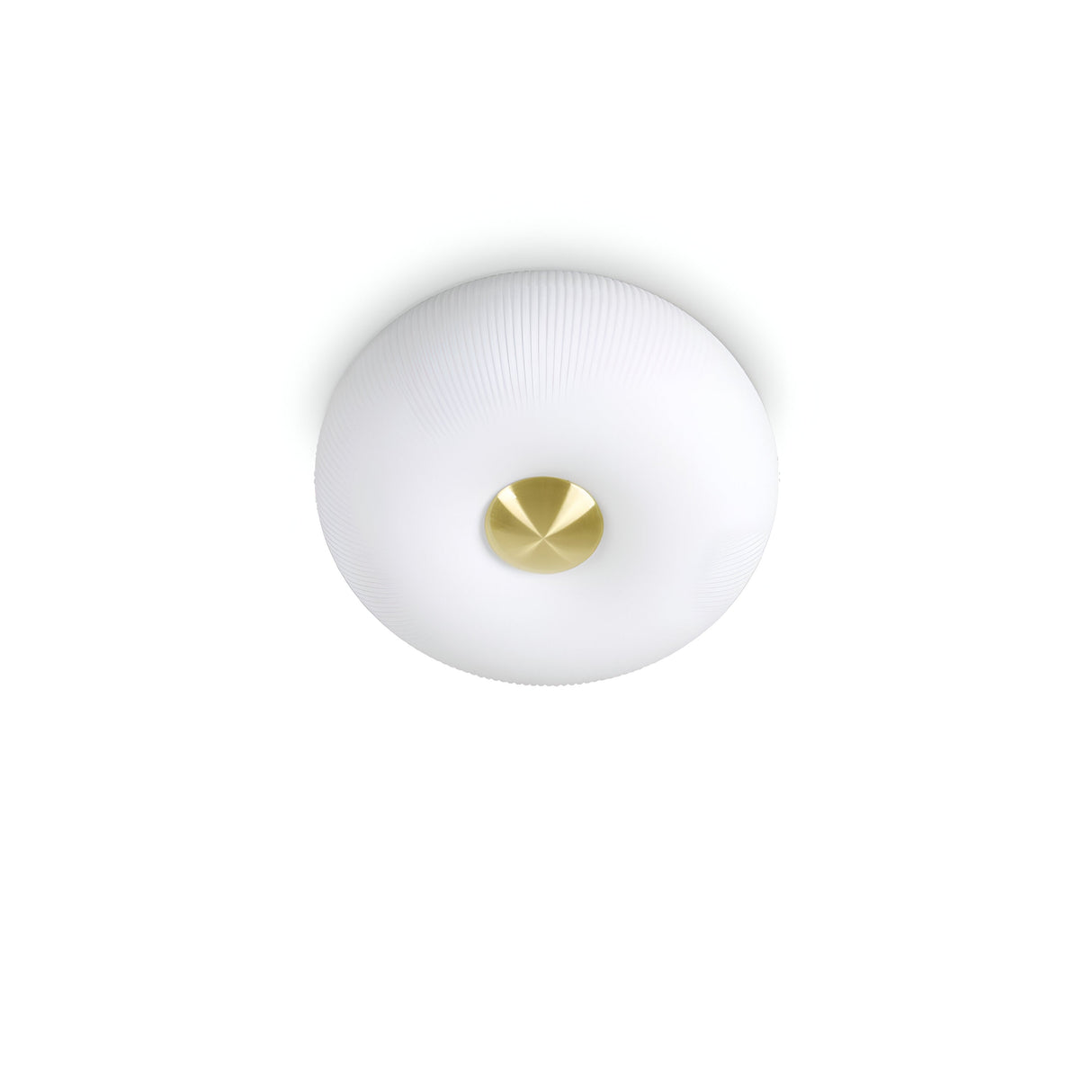 Introducing the Solitha 2 Light Flush - White: a contemporary ceiling light fixture with a circular design, featuring a white textured dome and a central satin brass accent. Its flush installation showcases minimalist elegance, perfectly complementing any white backdrop.