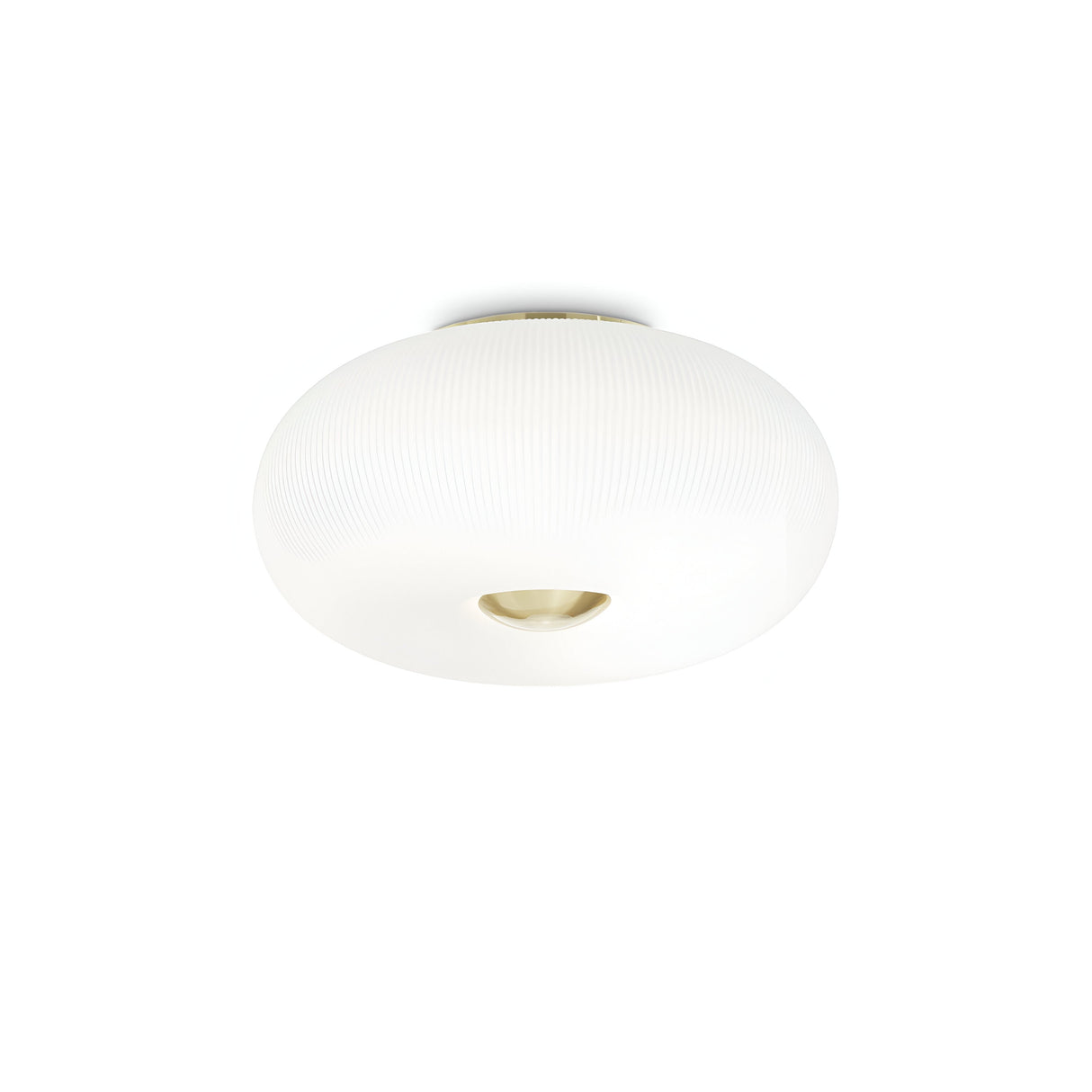 The Solitha 5 Light Flush - White features a modern ceiling light fixture with a white glass diffuser, ribbed dome design, and satin brass accent at the base, all set against a plain white background.