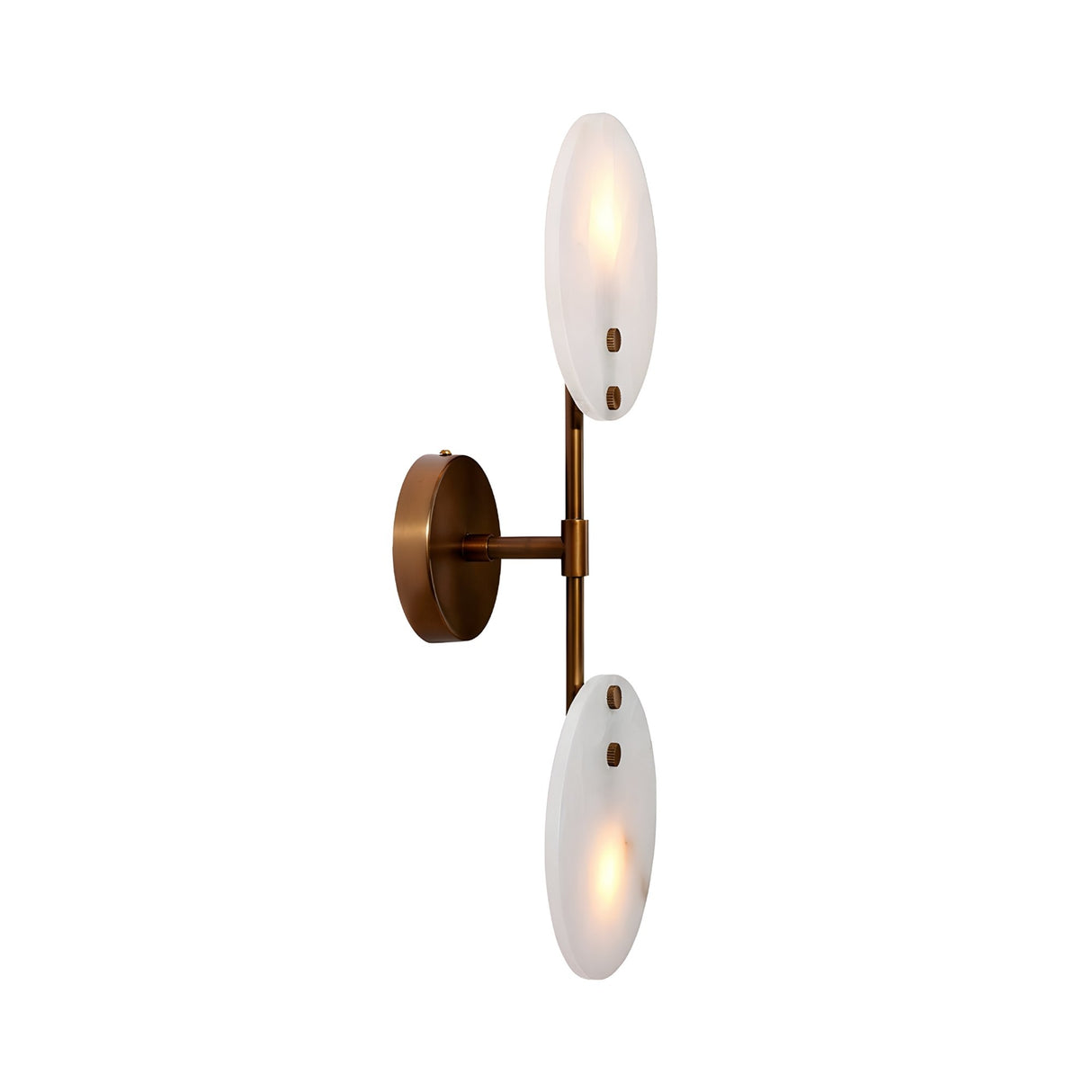 The Althia LED Alabaster Wall Light features a brushed brass fixture and soft white shades, offering minimalist, modern style. Perfect for decorative lighting in any space.