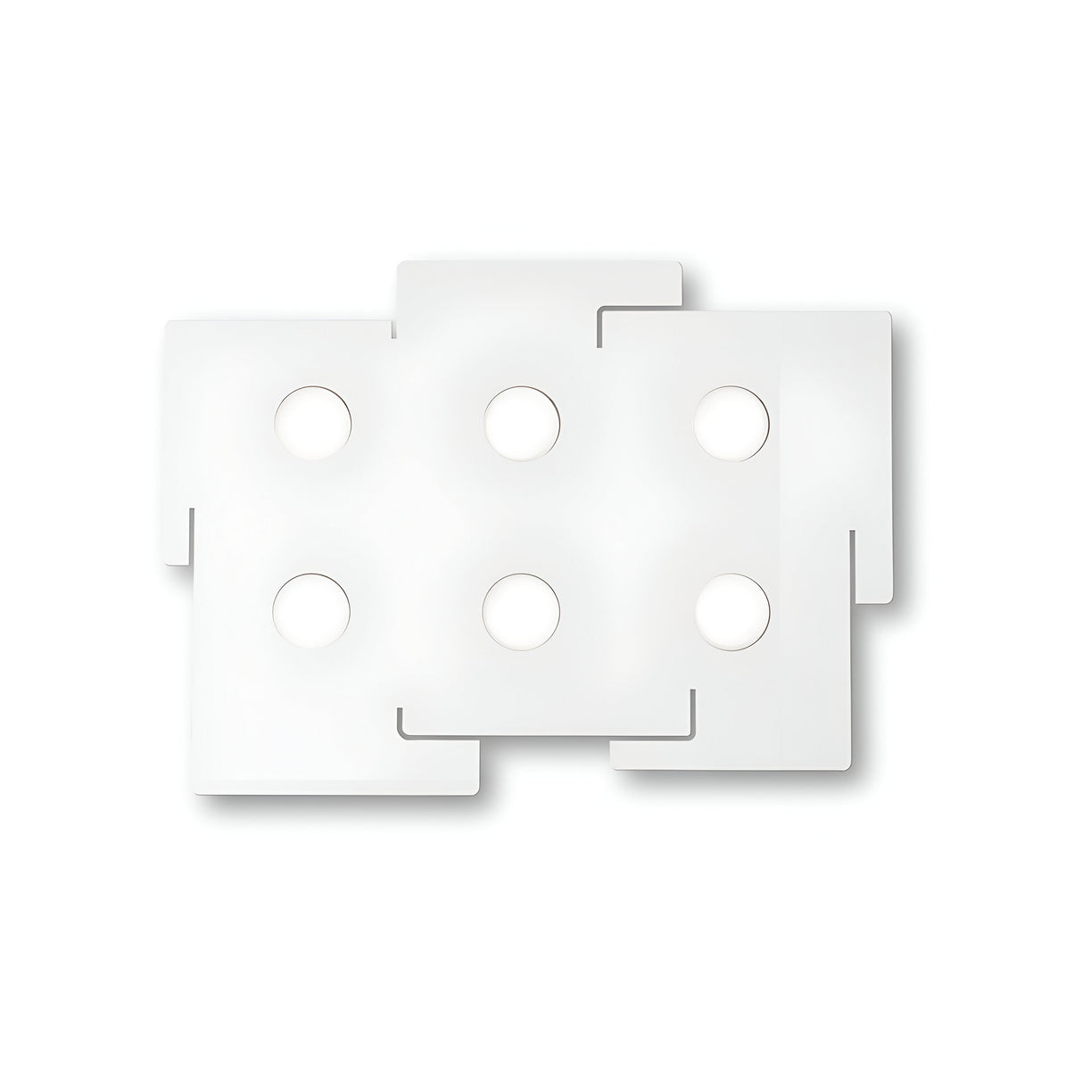 A minimalist rectangular white wall tile, featuring six circular cutouts arranged in two rows of three, exudes a modern aesthetic. The edges interlock like puzzle pieces, creating an intriguing design. Complement it with the Emberix 6 Light Ceiling Light - White to elevate your space's contemporary style.