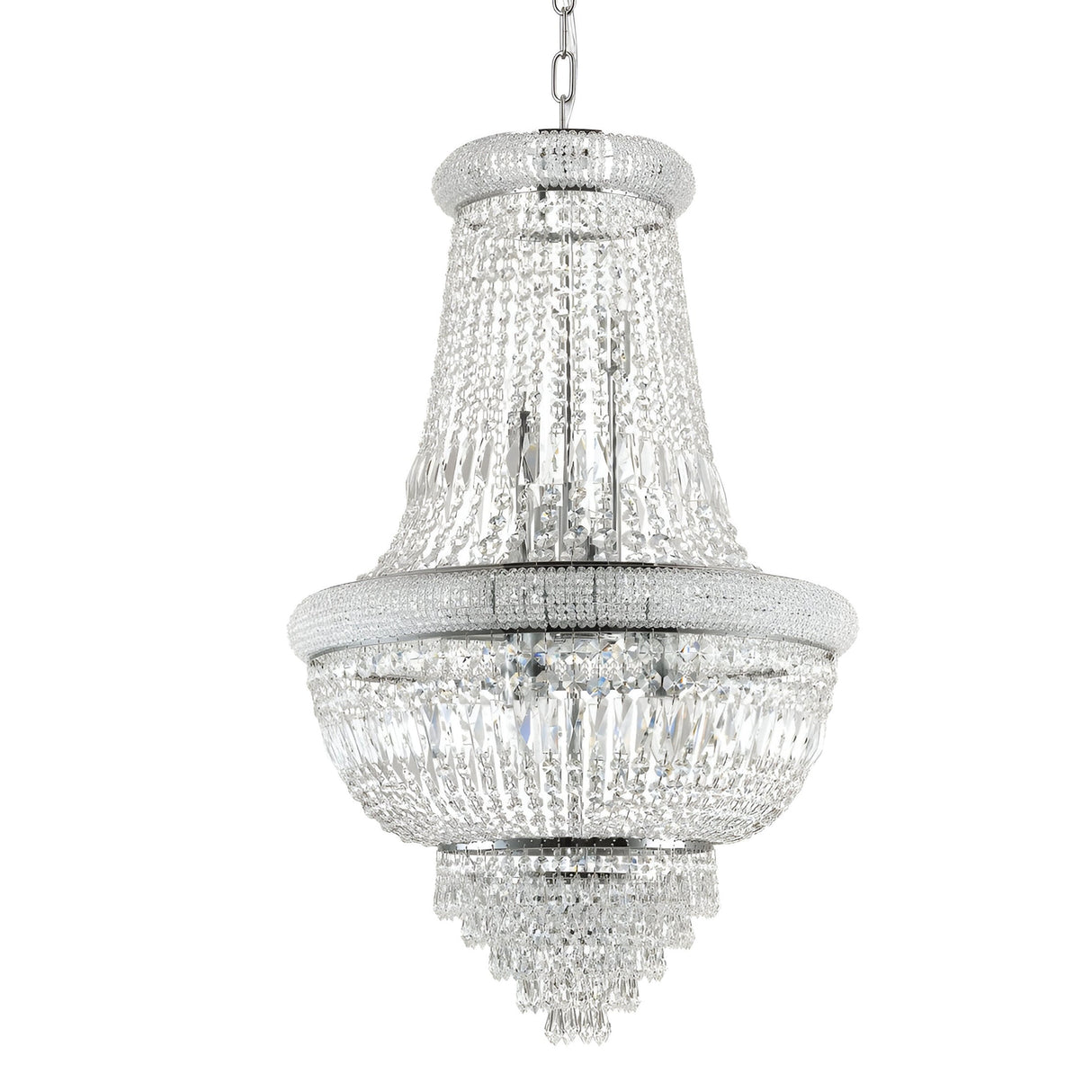 The Emberara Crystal 10 Light Chandelier - Chrome features a cascading, tiered design that hangs elegantly from the ceiling. With multiple layers of sparkling crystals and a chrome finish, it exudes sophistication and grandeur in classic, ornate luxury lighting.