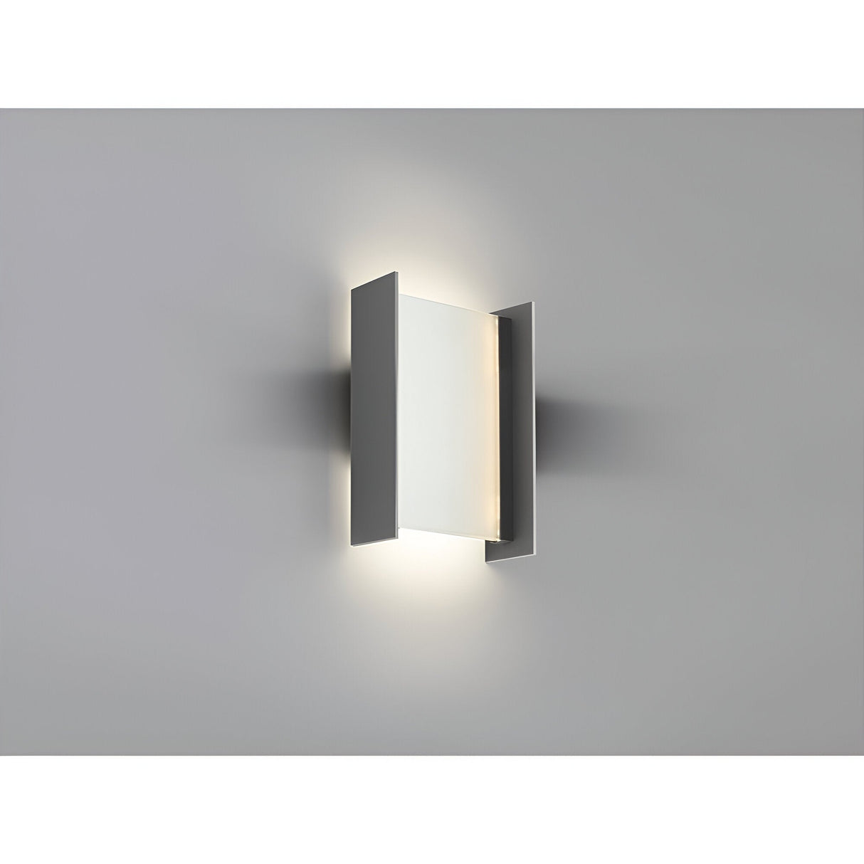 The Matia Outdoor LED Wall Light 18W 3000K in dark grey features a minimalist design with a central frosted panel, flanked by metallic sides, casting soft, diffused light—ideal for modern exteriors or interiors.
